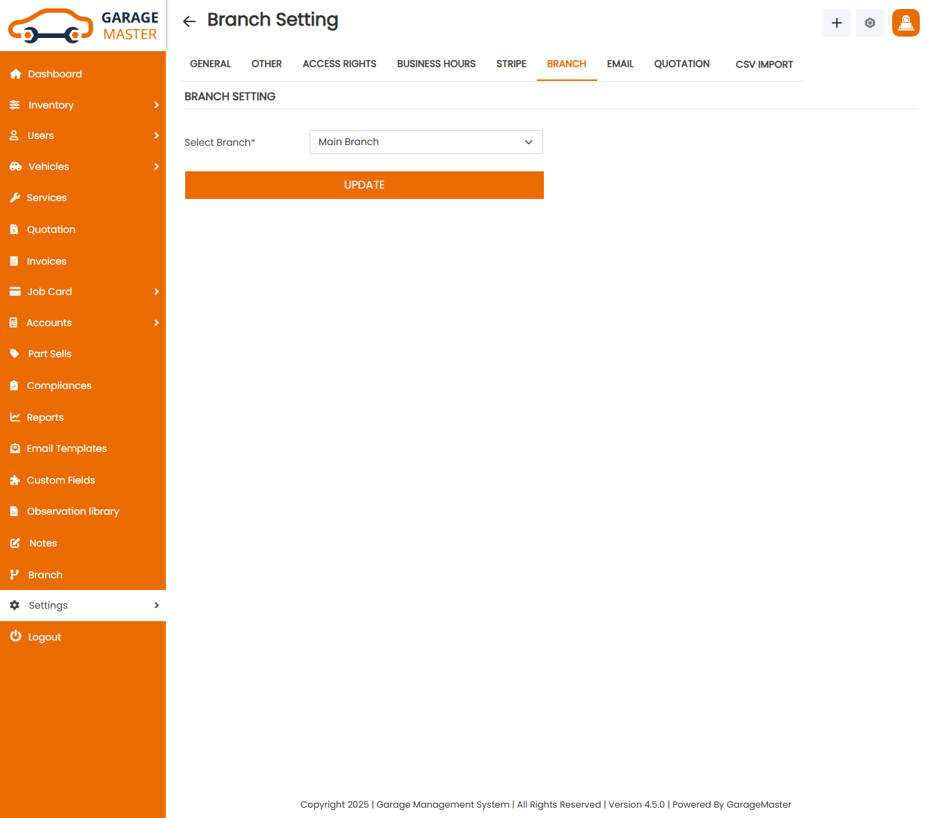 Branch Settings Tab