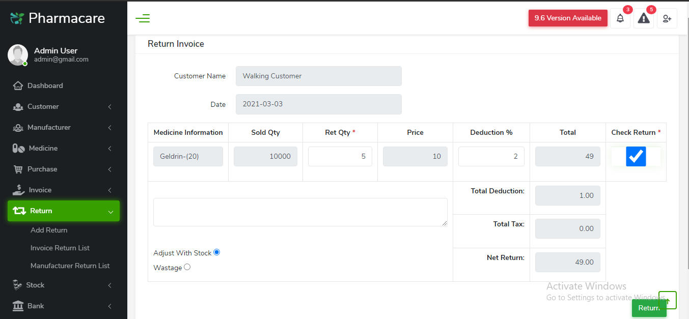 Invoice return